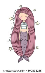 Beautiful Little Mermaid. Siren. Sea Theme. Vector Illustration On A White Background. 