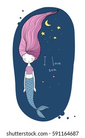 Beautiful Little Mermaid. Siren. Sea Theme. Night Sky. Vector Illustration On A White Background. 