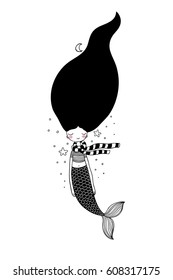 Beautiful little mermaid. Siren. Sea theme. Hand drawing isolated objects on white background. Vector illustration. Black and white.