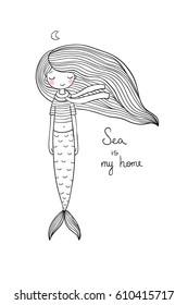 Beautiful little mermaid. Siren. Sea theme. 
Hand drawing isolated objects on white background. Vector illustration. 