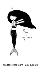 Beautiful little mermaid. Siren. Sea theme. Hand drawing isolated objects on white background. Vector illustration. Black and white picture
