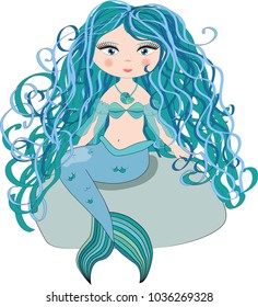 A beautiful little mermaid is sitting on a rock. Siren. Sea theme. vector illustration on a white background.