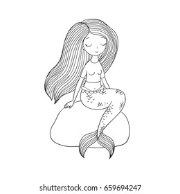 A beautiful little mermaid is sitting on a rock. Siren. Sea theme. vector illustration on a white background. Coloring book