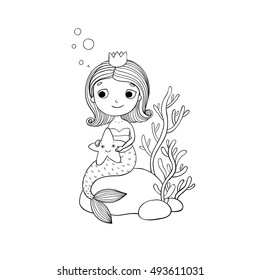 Beautiful little mermaid with a starfish sitting on a stone. Siren. Sea theme. 
Hand drawing isolated objects on white background. Vector illustration. Coloring book