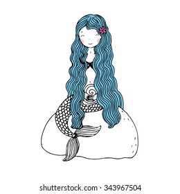 Beautiful little mermaid and stone.Hand drawn vector illustration on a white background.