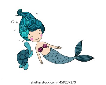 Beautiful little mermaid and the tortoise. Siren. Sea theme. Hand drawn vector illustration on a white background. 