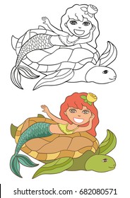 Beautiful little mermaid and  turtle. Underwater world.  Hand drawn vector illustration on a white background. Coloring book. Outline drawing coloring page. Sea. Fantasy.