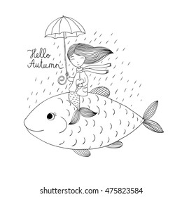Beautiful little mermaid under an umbrella floating in the big fish. Hand drawing isolated objects on white background. Vector illustration. Coloring book. Hello, Autumn