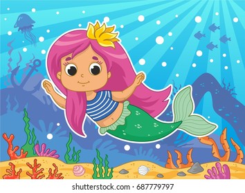 Beautiful little mermaid. Vector illustration for kids. Sea background