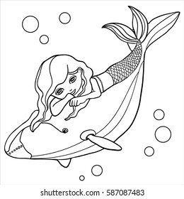 Beautiful little mermaid and  whale. Hand drawn vector illustration on a white background. Coloring book. Underwater world. Sea. Fantasy. For children