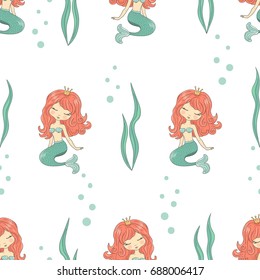 Beautiful little Mermaids seamless pattern. Vector background for kids.