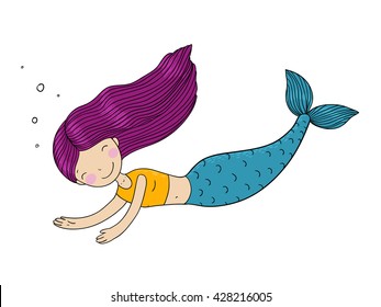 Beautiful little mermaid.Siren. Mythology. Sea theme. Hand drawn vector illustration on a white background. 