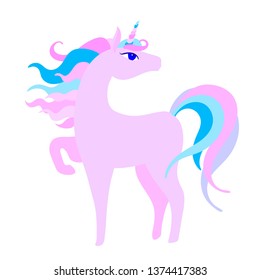 Beautiful little pink pony with beautiful pink colored hairstyle in standing pose vector illustration isolated on white background.