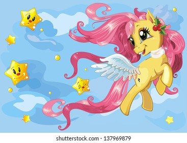 Hermoso pequeño poni corriendo sobre las nubes