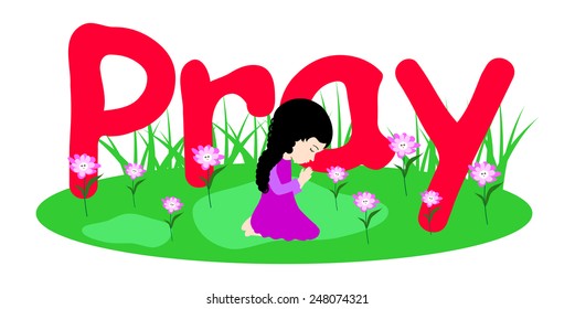 Beautiful little pretty girl kneeling and praying-Vector illustration