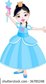 Beautiful little princess in blue dress with magic wand.