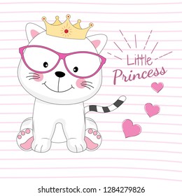 Beautiful little princess cat dreams of love. The background is made in the style of pink stripes with red hearts. Vector illustration drawn in flat style.