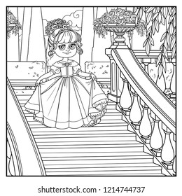 Beautiful little princess curtsies on large staircase in palace park with a outlined for coloring
