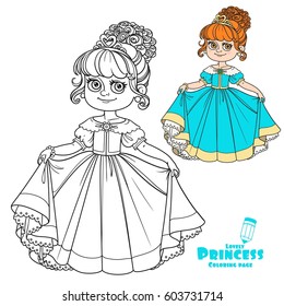 Beautiful little princess curtsies outlined for coloring book isolated on white background