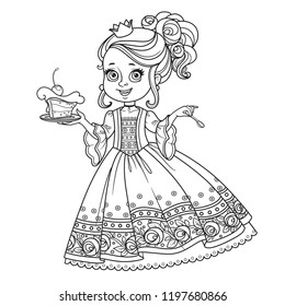 Beautiful little princess with delicious cake on a plate outlined for coloring book isolated on white background