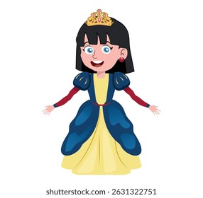 Uma linda princesinha com pele clara e cabelo preto, vestindo um encantador vestido azul e amarelo.