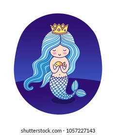 Beautiful little princess mermaid with fish and crown. Vector round sticker, poster, badge, patch.