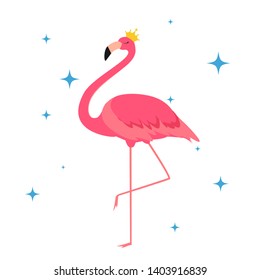 Beautiful Little Princess Pink Flamingo in Golden Crown. Vector Illustration EPS10