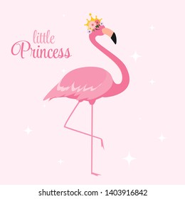 Beautiful Little Princess Pink Flamingo in Golden Crown. Vector Illustration EPS10