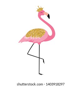 Beautiful Little Princess Pink Flamingo in Golden Crown. Vector Illustration EPS10