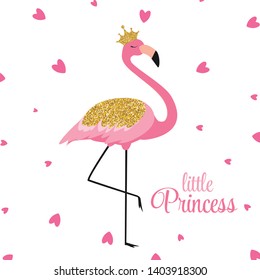 Beautiful Little Princess Pink Flamingo in Golden Crown. Vector Illustration EPS10