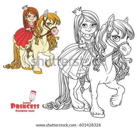 Beautiful Little Princess Riding On Horse Color And Outlined Picture For Coloring Book White Background