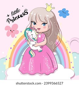 Hermosa princesa con unicornio y arco iris. Ilustración vectorial de dibujos animados para niños de fondo rosa