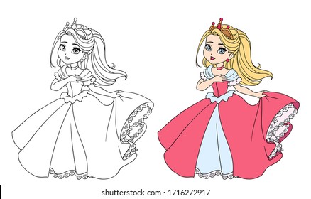 Beautiful little princess wearing long ball dress. Big cartoon eyes and head. Hand drawn contour vector illustration for coloring book, children game, tattoo. 