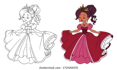 Beautiful little princess wearing long ball dress. Closed eyes. Hand drawn contour vector illustration for coloring book, children game, tattoo. 