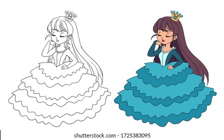 Beautiful little princess wearing long ball dress. Big cartoon eyes and head. Hand drawn contour vector illustration for coloring book, children game, tattoo.