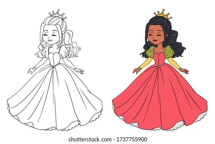 Hermosa princesa con un largo vestido de pelota. Grandes ojos y cabeza de dibujos animados. Dibujo manual de contorno vectorial ilustración para libro de colorear, juego infantil, tatuaje.