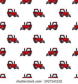 Beautiful little red pixel tractor with a bucket isolated on a white background. Cute seamless pattern. Side view. Vector flat graphic illustration. Texture.