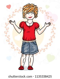 Beautiful little red-haired girl posing on colorful backdrop with romantic hearts. Vector kid illustration.