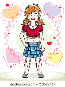 Beautiful little redhead girl wearing casual clothes and standing on colorful backdrop with loving hearts. Vector human illustration.