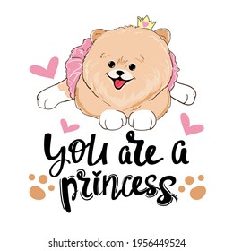 Beautiful little spitz dog girl and the inscription you are a princess. Vector cartoon illustration for kids t-shirt design