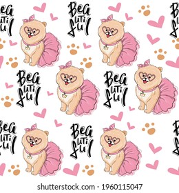 Beautiful little spitz dog girl and the inscription beautiful seamless pattern. Vector cartoon illustration for kids t-shirt design. Birthday card