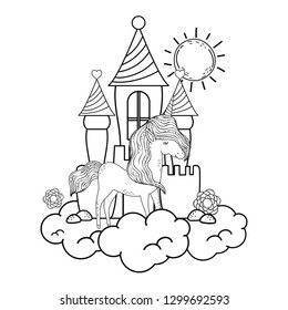 beautiful little unicorn with castle in the clouds