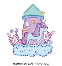 beautiful little unicorn with castle in the clouds