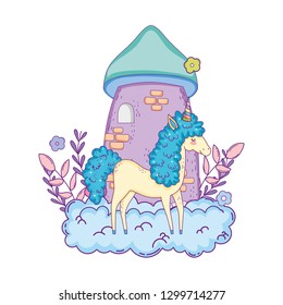 beautiful little unicorn with castle in the clouds