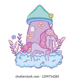 beautiful little unicorn with castle in the clouds