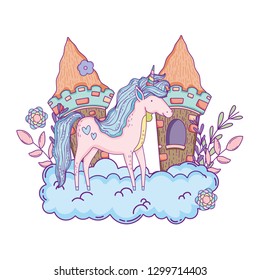 beautiful little unicorn with castle in the clouds