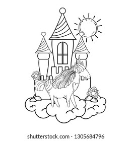 beautiful little unicorn with castle in the clouds