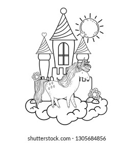 beautiful little unicorn with castle in the clouds