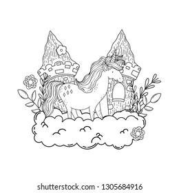 beautiful little unicorn with castle in the clouds