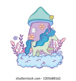 beautiful little unicorn with castle in the clouds